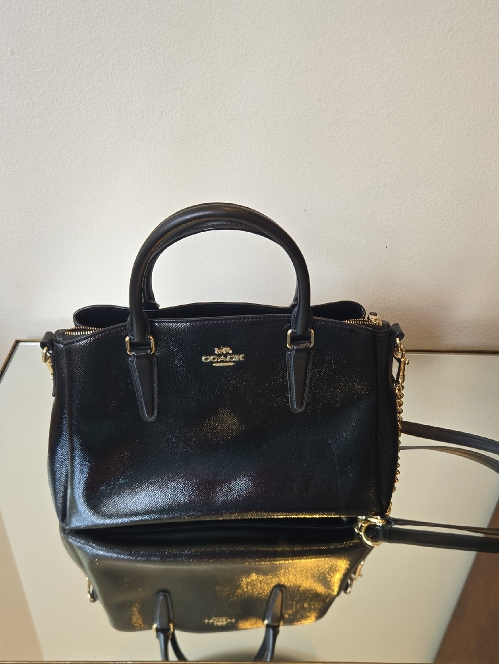 Coach Black Patent Leather Satchel with Gold Accents